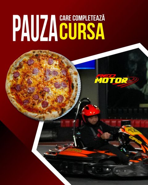 Afiș Red Motor cu pizza și kart pe circuit